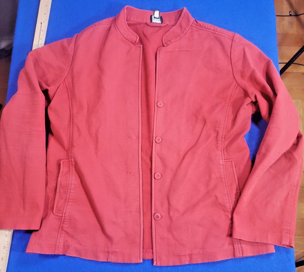 Eileen Fisher Jacket Large Coral Red Button Front Mandarin Collar Knit Blazer